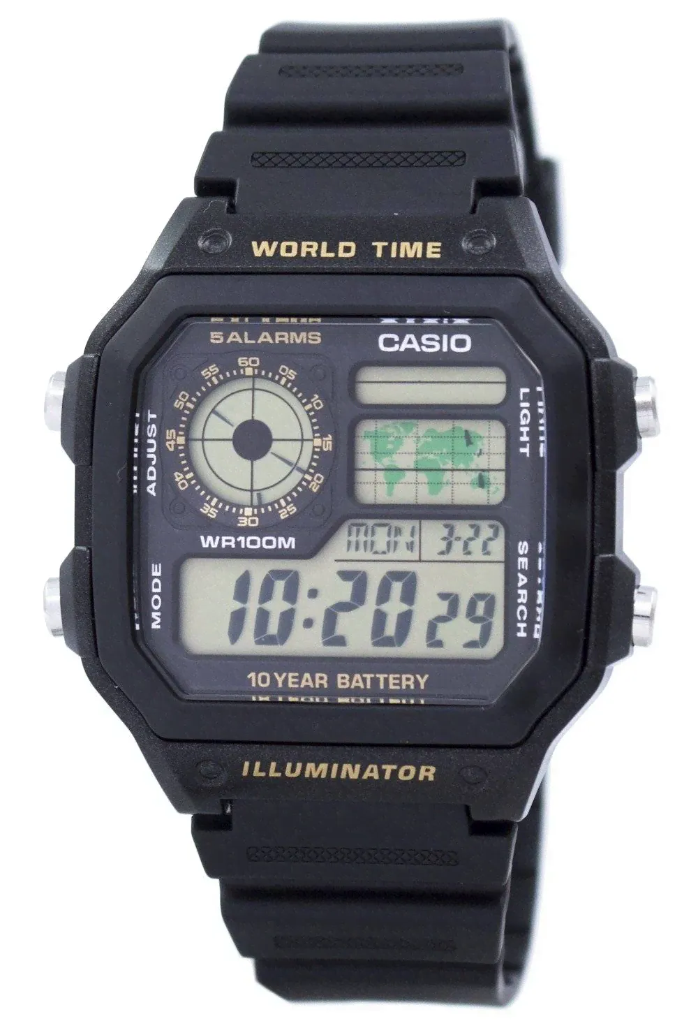 Casio Digital World Map World Time Alarm Illuminator AE-1200WH-1BVDF Mens Watch-0